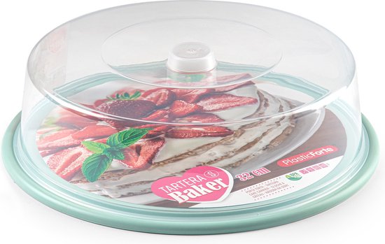 PlasticForte Taartdoos - 32 x 9,5 cm - transparant - taartstolp - taart plateau - kunststof - mintgroene bodem