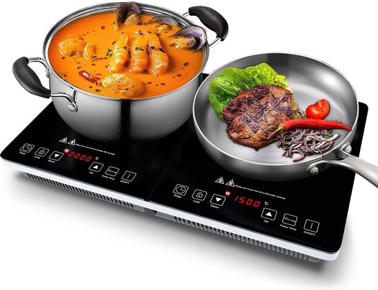KitchenBrothers Inductie Kookplaat – 2 Pits – Elektrisch – Vrijstaand – 1 Fase – 1500W + 2000W – Timer – 60-240°C – Zwart