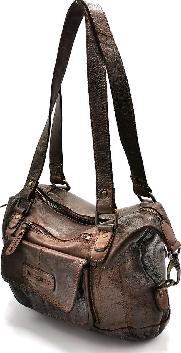 HillBurry Schoudertas met Lange Dubbele Hengsels Gewassen Leer Vintage Look bruin - 6240W-4059 - (bxhxd) 28cm x 19cm x 10cm