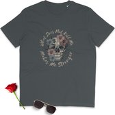 Dames T Shirt - Bloemen Doodshoofd en Tekst - Grijs - Maat 2XL