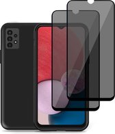 Hoesje voor Geschikt voor Samsung A13 4G + 2x Privacy Screenprotector – Privé Gehard Glas Cover - Suède Case Zwart