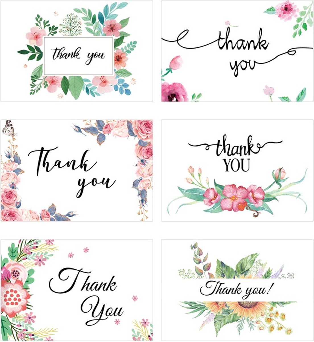 Bedankkaarten - Thank you - Kaart met envelop - Wenskaarten - 10x15cm - 6 Stuks