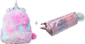 Unicorn Rugzak Zilver Multi Paars Roze  - Fluffy Bal + Pailletten Etui