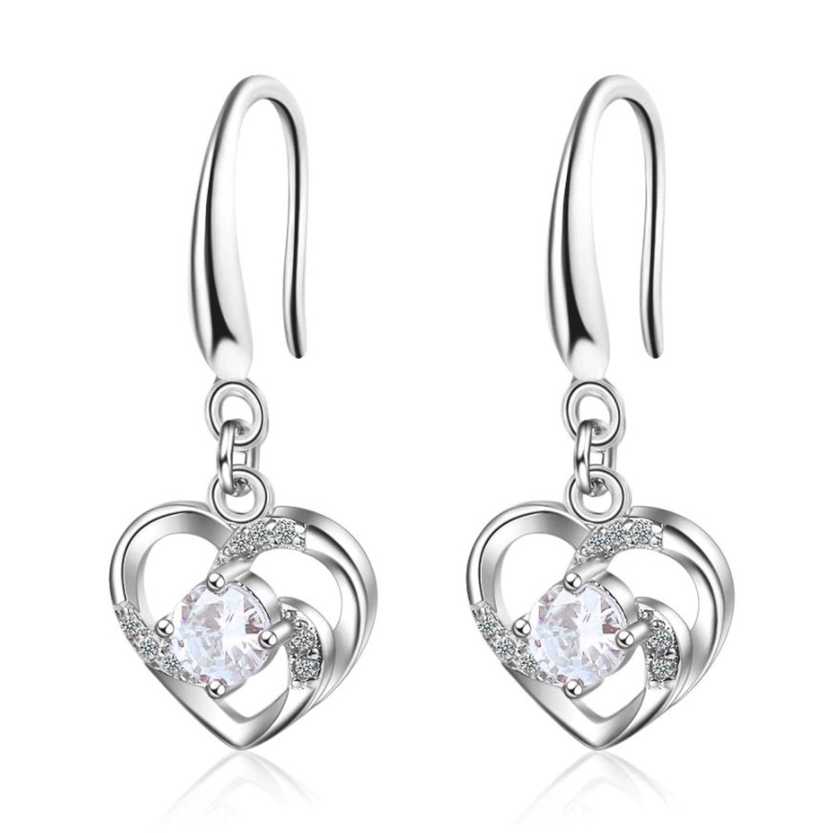 Tibri 472 - Oorbellen dames - Zilverkleurige oorhangers met hartje en Zirkonia steentje en strass