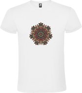 Wit T-shirt met Grote Mandala in Donker Rood, Bruin en Blauwe kleuren size S