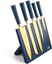 Altom Design blauw magnetisch messenblok met 5 gouden messen - Messenset - Ergonomische handgrepen - Prachtig design - Modern en elegant - Met 5 goudkleurige messen