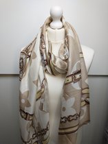 Lange dames sjaal Joke fantasiemotief taupe wit blauw bruin geel zwart