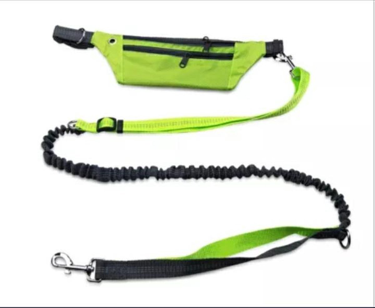 Darenci Handsfree Dierenriem Lichtgroen - Handsfree Hondenlijn Met Heuptas - Schokbestendige Looplijn - Reflecterende Hardlooplijn - Elastische Leiband - 180 cm - Honden Uitlaatriem