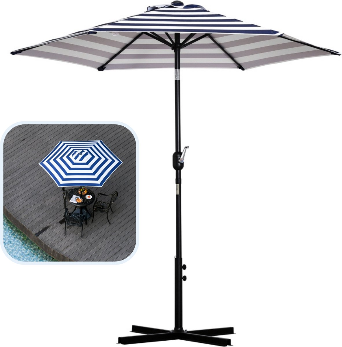 Zonnescherm - Parasol - Balkon Parasol - Met handslinger - Knikbaar - Blauwe strepen - Ø2,27 x 2,25 H m