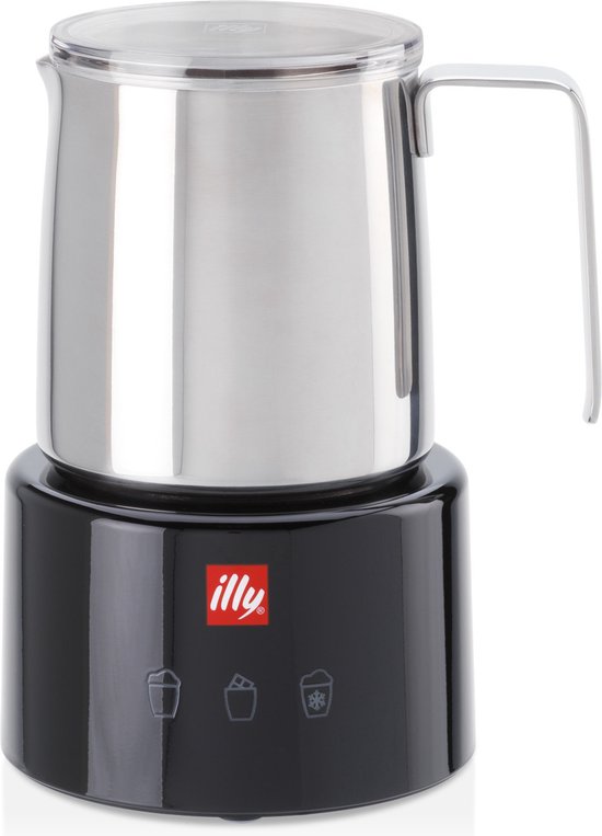 Zwarte Illy melkopschuimer met glanzende RVS kan en deksel, met Illy logo en drie pictogrammen.