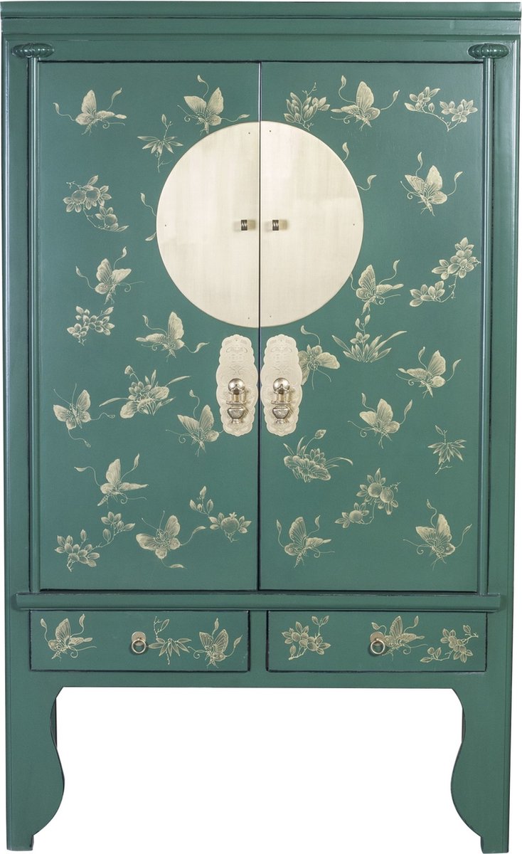 Fine Asianliving Chinese Bruidskast Handgeschilderde Vlinders Groen Orientique Collection B100xD55xH175cm Chinese Meubels Oosterse Kast