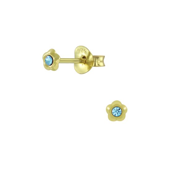 Joy|S - Zilveren mini bloem oorbellen - 3.5 mm - kristal blauw - voor kinderen - 14k goudplating