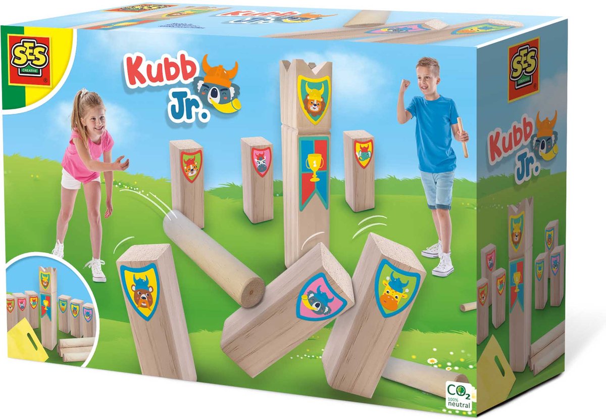 SES - Kubb Jr. - Kubb junior - vrolijke houten onderdelen - in handige bewaartas