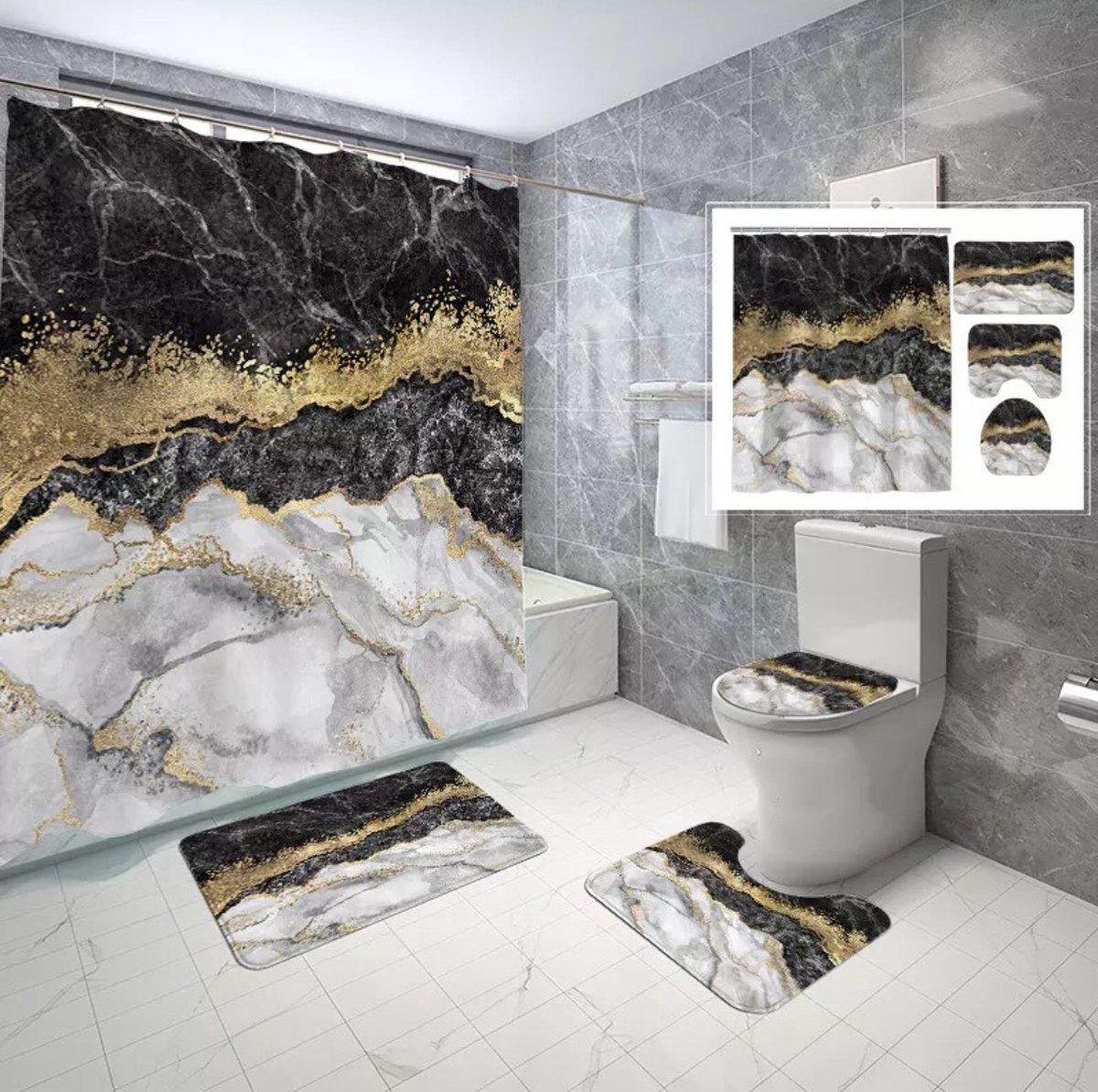 Luxe badkamer set- Set van 4 - Douchegordijn 180x180 - Badmatten set - Wc mat - Toiletbril hoes - Toiletmat - Badkamer mat 50x 80 - Wit/zwart met goud - Antislip - Zacht - Kwaliteitsmat - Luxe design