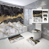 Luxe badkamer set- Set van 4 - Douchegordijn 180x180 - Badmatten set - Wc mat - Toiletbril hoes - Toiletmat - Badkamer mat 50x 80 - Wit/zwart met goud - Antislip - Zacht - Kwalitei