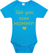 Baby rompertje met leuke tekst | See you soon mommy! |zwangerschap aankondiging | cadeau papa mama opa oma oom tante | kraamcadeau | maat 56 blauw goud