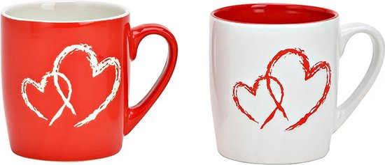 Beker - Drinkbeker - Mok - Valentijn - Liefde - Love - Set van 2 aardewerk bekers "Hart"