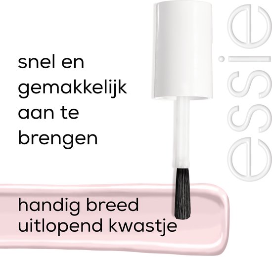 Essie nagellakkwastje met de tekst 'snel en gemakkelijk aan te brengen' en 'handig breed uitlopend kwastje'.