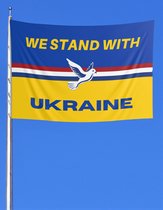 Vlag Oekraine 150x100 | Vredesduif | "We stand with Ukraine" | Oekraïne - Nederland |