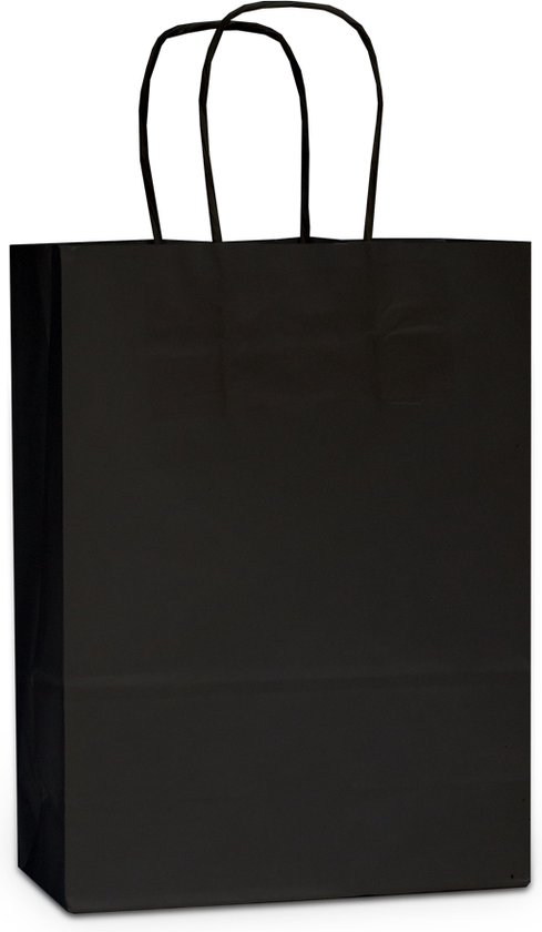 Draagtassen Papier - Zwart - 18+8x24 - Gedraaide Papieren Handgrepen - 50 Stuks