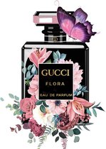 Glasschilderij - Gucci parfumfles - bloemen - 60x80 cm - Wanddecoratie