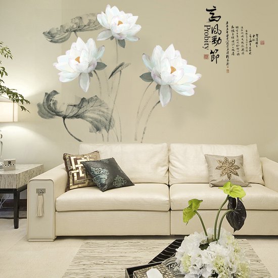 Chinese stijl muurstickers/Inkt schilderij lotus muurstickers/eetkamer woonkamer achtergrond muurstickers/creatieve muurstickers 60×90CM Wit