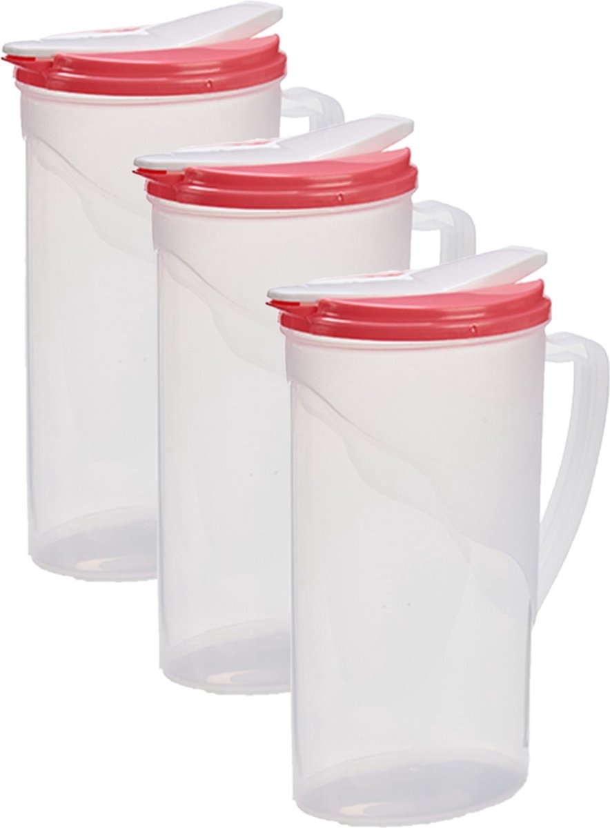 3x stuks waterkan/sapkan transparant/rood met deksel 1.8 liter kunststof - Smalle schenkkan die in de koelkastdeur past