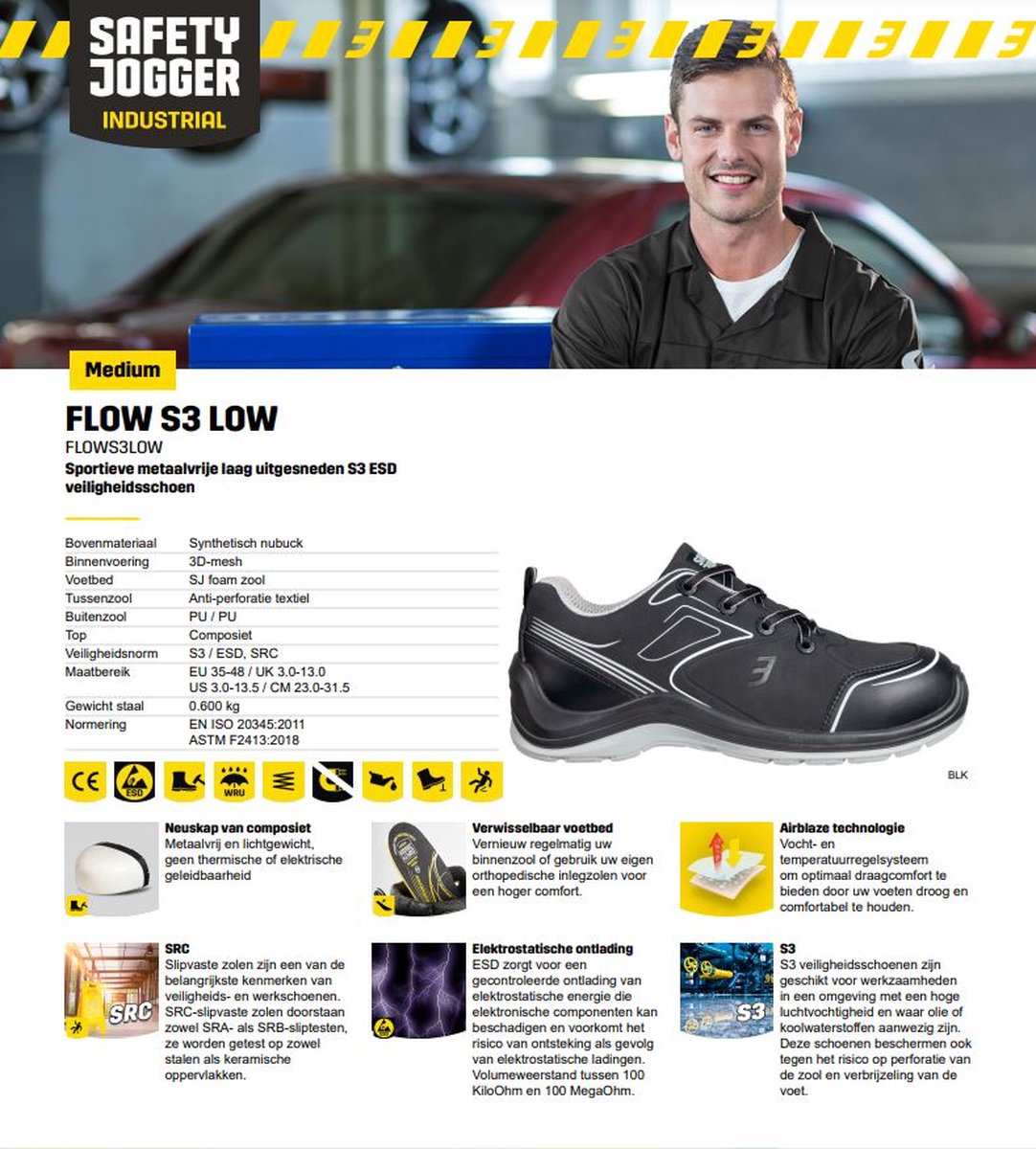 Safety Jogger Flow S3 Low Slip Resistant SRC ESD Imperméable, Zwart