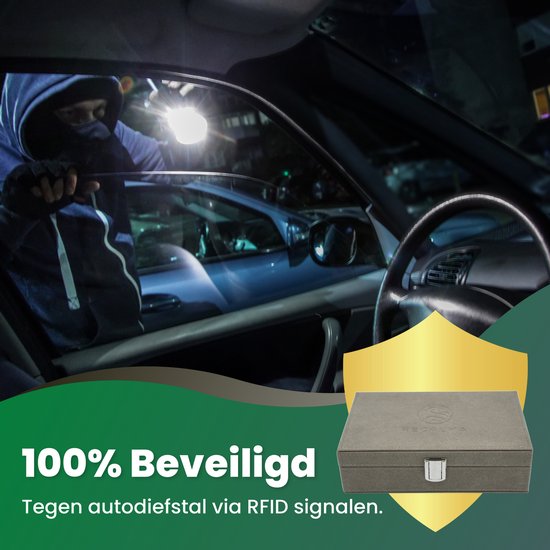 Inbreker breekt auto in, naast een grijze Recalma box met gouden schild. Tekst: 100% Beveiligd tegen autodiefstal via RFID signalen.