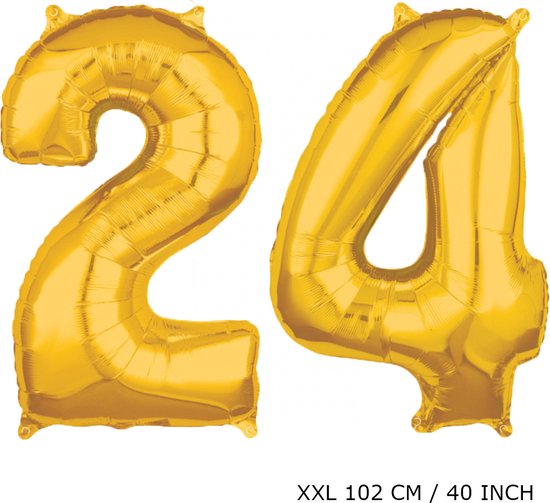 Mega grote XXL gouden folie ballon cijfer 24 jaar.  leeftijd verjaardag 24 jaar. 102 cm 40 inch. Met rietje om ballonnen mee op te blazen.