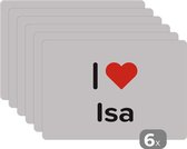 Placemat - Placemats kunststof - I love - Isa - Meisje - 45x30 cm - 6 stuks - Hittebestendig - Anti-Slip - Onderlegger - Afneembaar