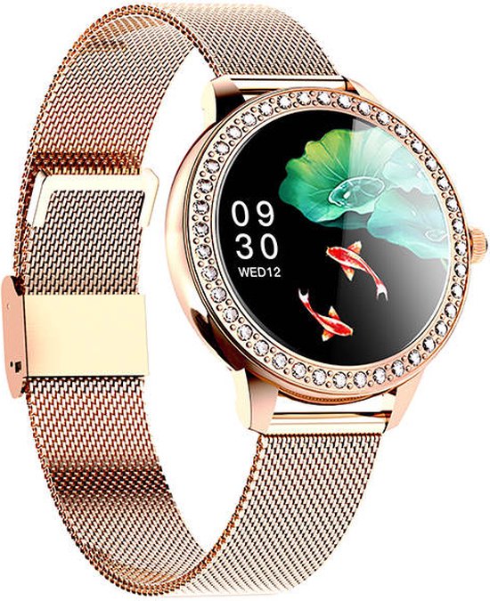 GALESTO Smartwatch Divine - Smartwatch Femme - Homme Smartwatch - Tracker d'activité - Fitness Tracker - Avec écran tactile - Bracelet en acier - Montre - Podomètre - Tensiomètre - Calories brûlées - Résistant à l'eau - Or rose