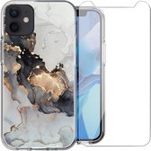 Hoesje voor iPhone 12 Mini - Siliconen Shock Proof Case Back Cover Hoes Marmer Goud + Screenprotector Gehard Glas Screen Protector