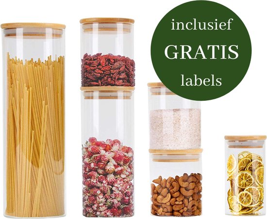 Relaxdays voorraadpotten met bamboe deksel, 3 stuks, kleine bewaarpotten van glas, luchtdicht, transparant/naturel