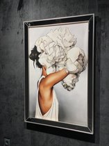 Schilderij 3D 'Flower-Headed Woman' op doek 80x110 - Houten lijst met spiegel bewerking, reliëf effect, handgemaakte effecten