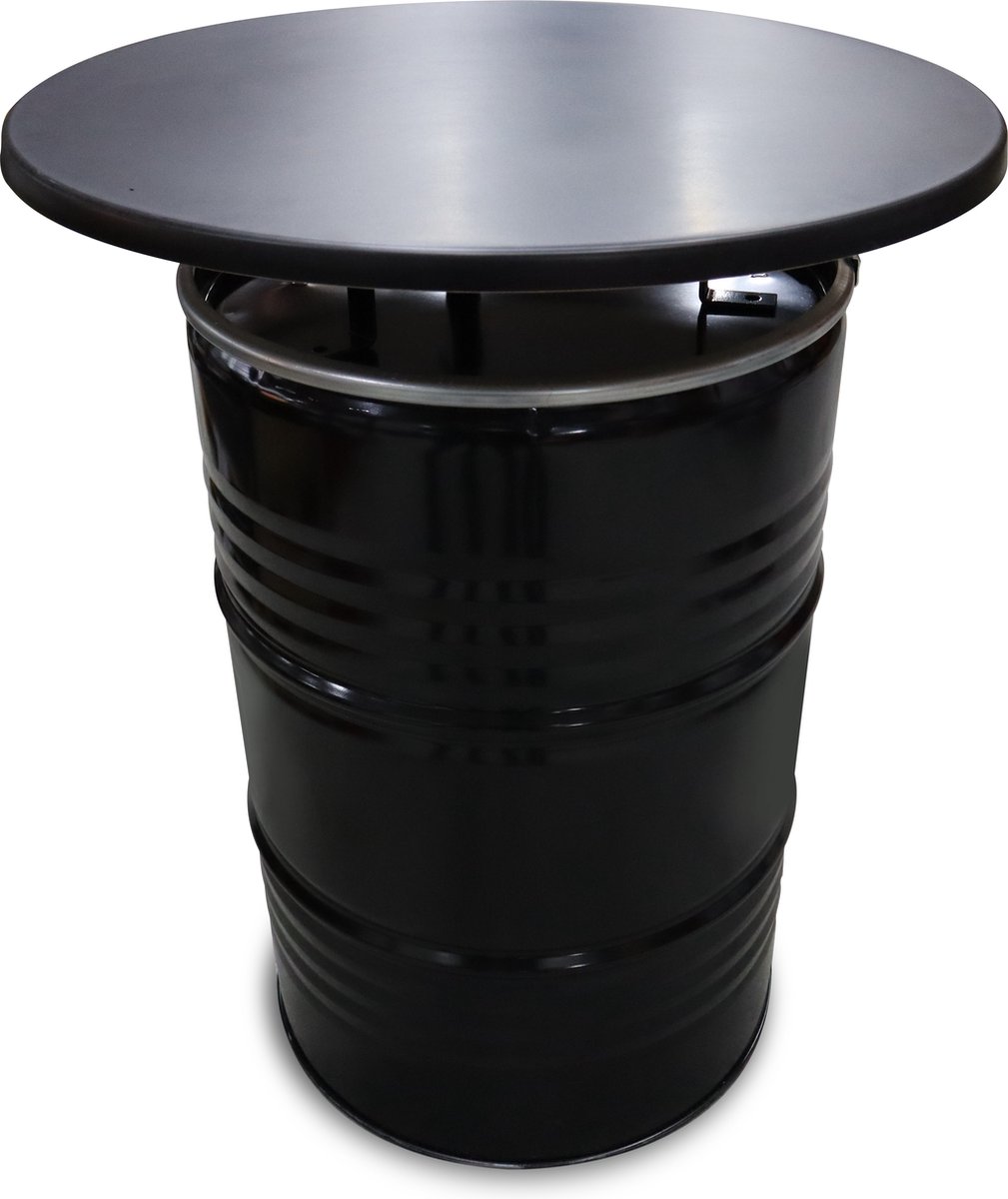 Olievat statafel met zwart blad 200 Liter olievat. 80x105 cm Statafel, bartafel, hangtafel, geschikt voor binnen en buiten gebruik