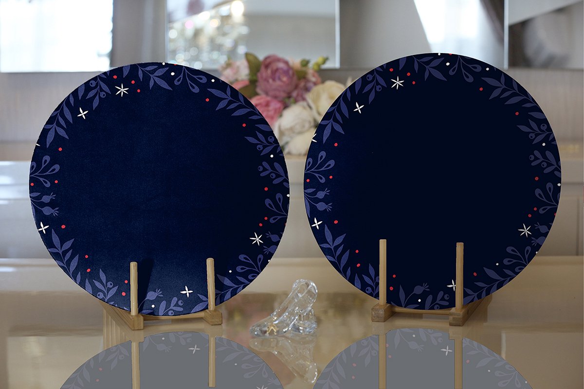 Placemat -Velvet textile met hout - Donkerblauw bloemen - 2 stuks - 33 cm - Onderlegger
