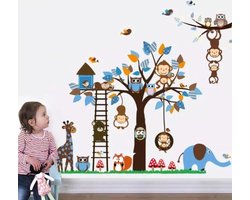 Jumada - Dieren in Boom Sticker - XL - Boom met Dieren - Kinderkamer - Slaapkamer - Muurdecoratie - Apen/Uilen/Giraffe/Olifant - Blauw