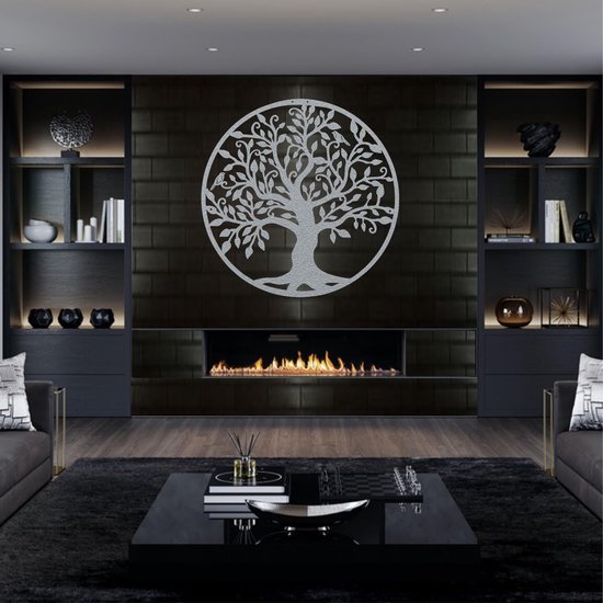 Foto: Wanddecoratie family tree decor metal wall art muurdecoratie woonkamer zilver 72x72m