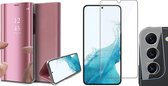 Samsung Galaxy S22 Hoesje - Book Case Spiegel Wallet Cover Hoes Roségoud - Tempered Glass Screenprotector - Camera Lens Protector