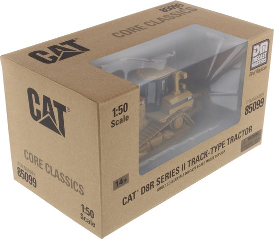 Verpakking van een gele Caterpillar D8R Series II Track-Type Tractor miniatuur, schaal 1:50.