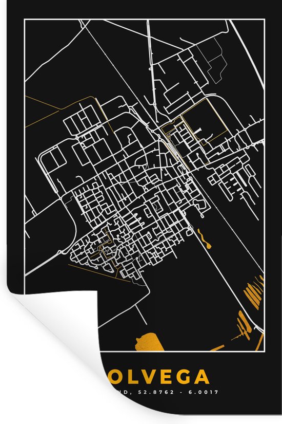 Stickers muraux - Wolvega - Black and Gold et Or - Plan de la ville - Carte - Carte - 60x90 cm - Feuille adhésive