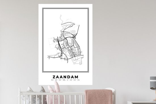 Stickers muraux - Plan de la ville - Zwart Wit - Carte - Zaandam - Nederland - Carte - 80x120 cm - Feuille adhésive