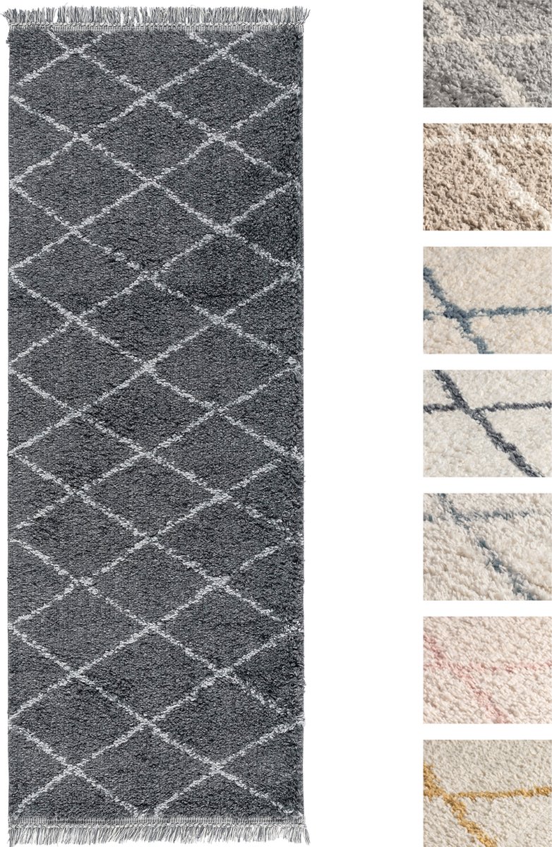 Vloerkleed Shaggy, Tapijt, Antraciet, Hoogpolig, 80cm x 300cm, Superzacht, Franjes, Berber stijl
