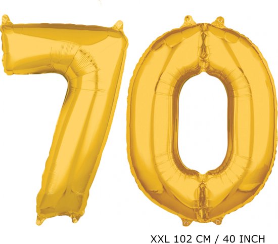 Mega grote XXL gouden folie ballon cijfer 70 jaar. Leeftijd verjaardag 70 jaar. 102 cm 40 inch. Met rietje om ballonnen mee op te blazen.