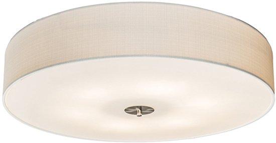 Plafonnier rond avec abat-jour en tissu aspect lin, 70 cm de diamètre, 16 cm de haut.