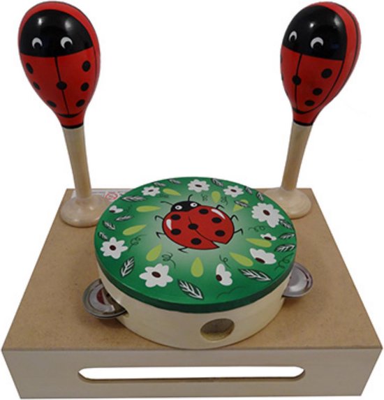 Set de musique coccinelles : deux maracas rouges et un tambourin sur une boîte en bois.