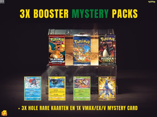 Afbeelding van het spel POKÉMON MYSTERY BOOSTER BOX 3x PACKS + 1x EX/V/GX/Secret Rare VMAX kaart + 3 Holo Rare kaarten.