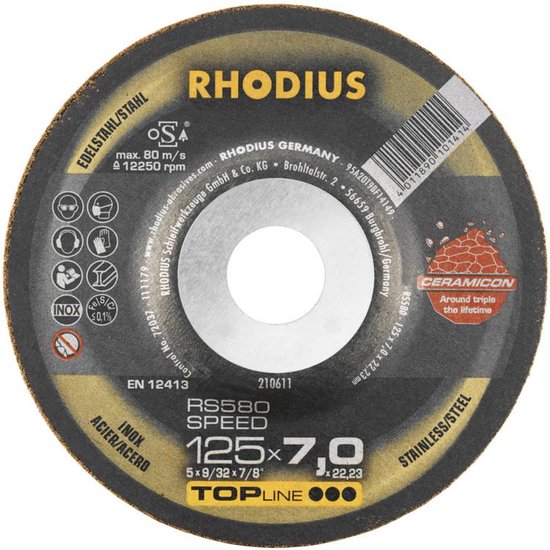 Rhodius 210656 RS580 SPEED Afbraamschijf gebogen Diameter 115 mm Boordiameter 22.23 mm RVS, Staal 1 stuk(s)