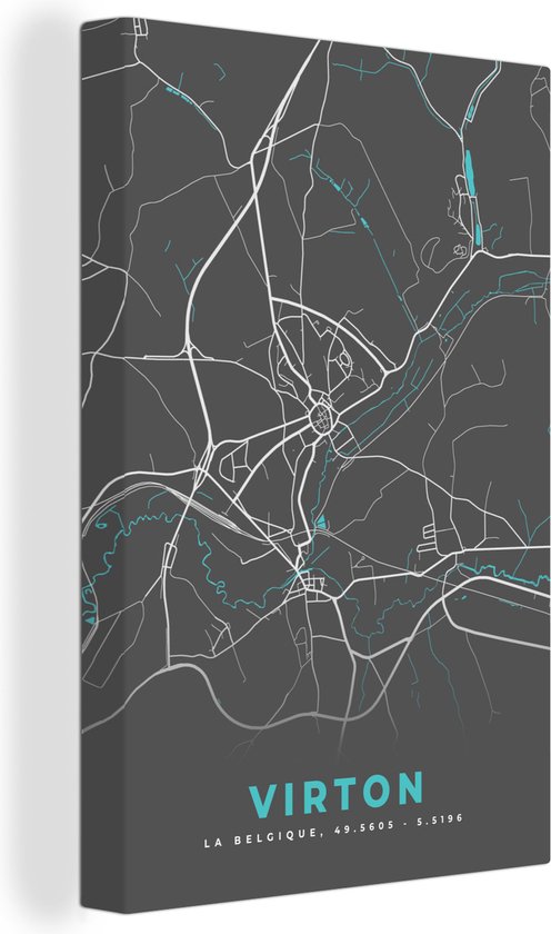 Canvas Schilderij Kaart - Plattegrond - Stadskaart - Virton - België - Grijs - Wanddecoratie